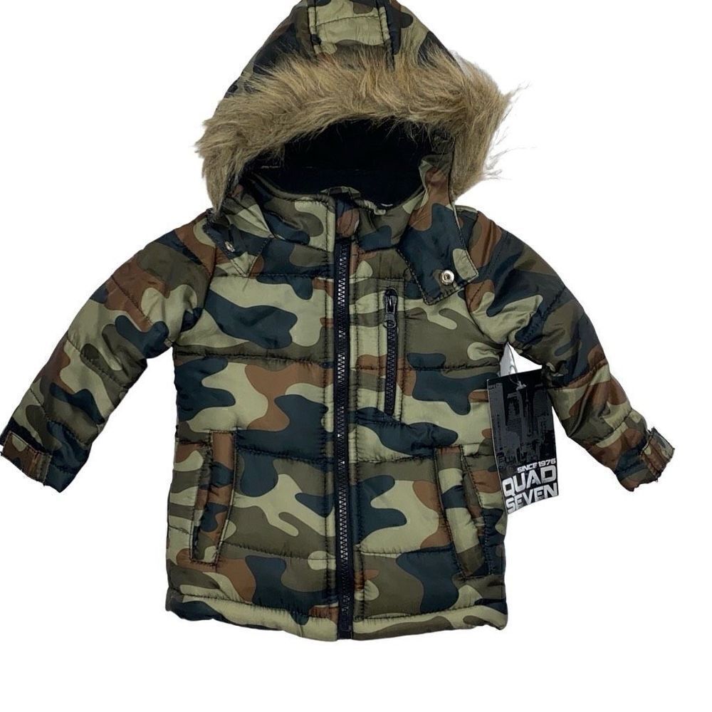 NWT Quad Seven Green Camo Unisex Fleece Lined Fur Trim Hood Winter Coat Size 12m
